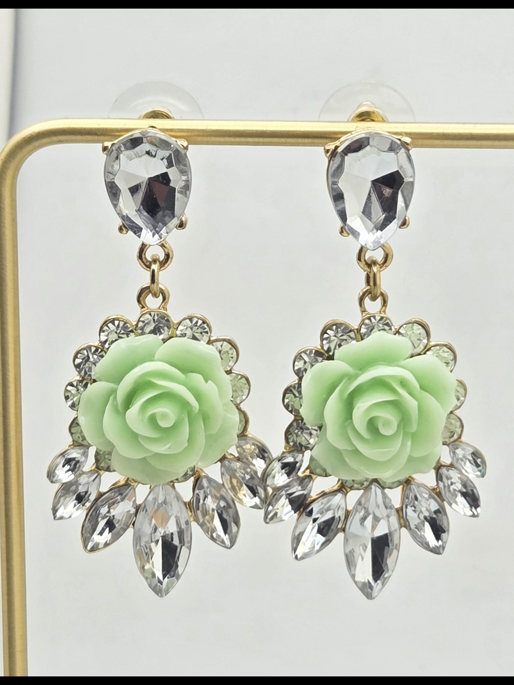 Mint Green Resin Rose & Crystal Drop Statement Earrings